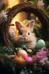 An adorable bunny sits amidst Easter eggs and flowers, symbolizing spring, fertility, and new beginnings.