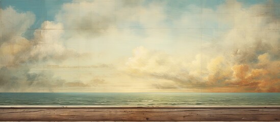In the vintage house surrounded by nature, one could admire the abstract landscape painting hanging on the textured wood wall, capturing the summer sky, sun, clouds, and sea, with a touch of grunge