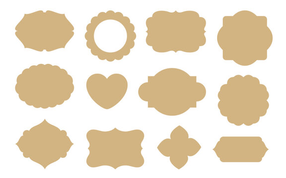 Vintage tags cut file vector frames. Christmas retro label templates. Old style die-cut shapes for scrapbook, paper, food badge, cardboard cutting, price sticker, holiday gift tag, greeting card. 