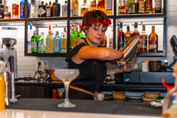 Young bartender shaking a cocktail in a bar