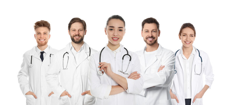 Happy medical nurses on white background, set of photos