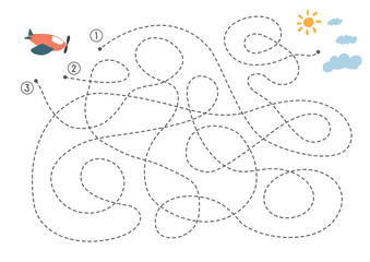 Labyrinth, Maze game for children. Logical puzzle for kids. Quest to find the right path for a plane to fly to the sky. Vector illustration A4 - ready to print format. © saint_antonio