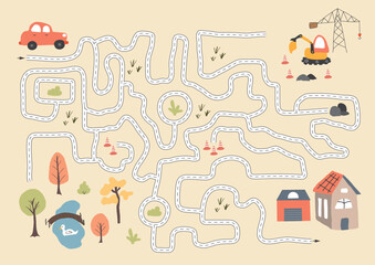 Labyrinth, Maze game for children. Logical puzzle for kids. Quest to find the right path for a car to the house. Vector illustration A4 - ready to print format.