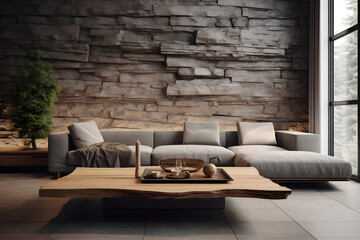 Minimalist home interior design of a modern living room. Cladding wall, natural light, wooden coffee table, grey fabric sofa