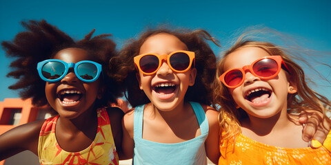 group of children wearing colorful summer clothes and sunglasses, laughing and posing. Spring summer fashion for youth concept