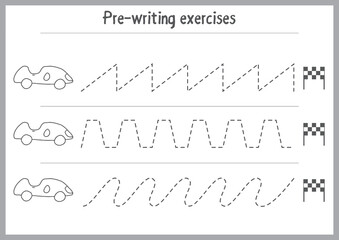 Basic writing exercises. Trace line worksheets for children. Preschool handwriting practice. Vector illustration. A4 - ready to print format