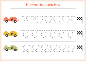 Basic writing exercises. Trace line worksheets for children. Preschool handwriting practice. Vector illustration. A4 - ready to print format