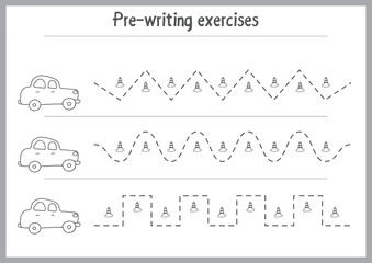 Basic writing exercises. Trace line worksheets for children. Preschool handwriting practice. Vector illustration. A4 - ready to print format