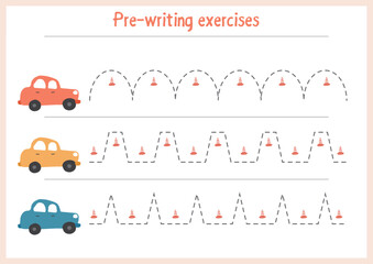Fototapeta premium Basic writing exercises. Trace line worksheets for children. Preschool handwriting practice. Vector illustration. A4 - ready to print format