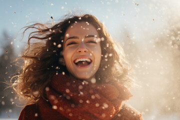 Portrait of a happy brunette woman with a smile outdoors in winter on a snowy day. High quality...