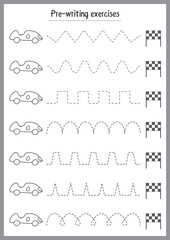 Basic writing exercises. Trace line worksheets for children. Preschool handwriting practice. Vector illustration. A4 - ready to print format