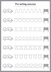 Basic writing exercises. Trace line worksheets for children. Preschool handwriting practice. Vector illustration. A4 - ready to print format
