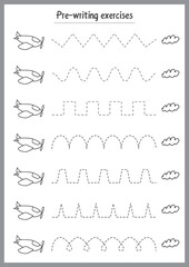 Basic writing exercises. Trace line worksheets for children. Preschool handwriting practice. Vector illustration. A4 - ready to print format