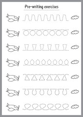 Basic writing exercises. Trace line worksheets for children. Preschool handwriting practice. Vector illustration. A4 - ready to print format - obrazy, fototapety, plakaty