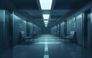 Fototapeta premium Long dark hospital corridor with rooms and seats, empty accident and emergency interior
