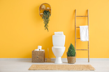 Stylish interior of restroom with potted plant and toilet paper rolls - obrazy, fototapety, plakaty