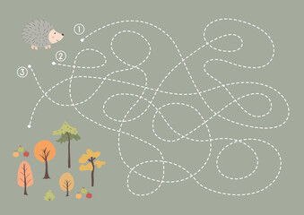 Labyrinth, Maze game for children. Logical puzzle for kids. Quest to find the right path for a hedgehog to the forest. Vector illustration A4 - ready to print format. © saint_antonio