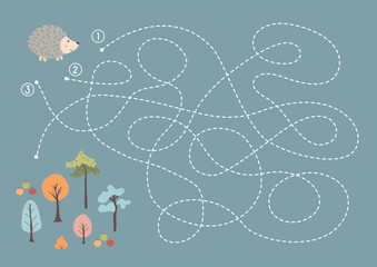 Labyrinth, Maze game for children. Logical puzzle for kids. Quest to find the right path for a hedgehog to the forest. Vector illustration A4 - ready to print format.