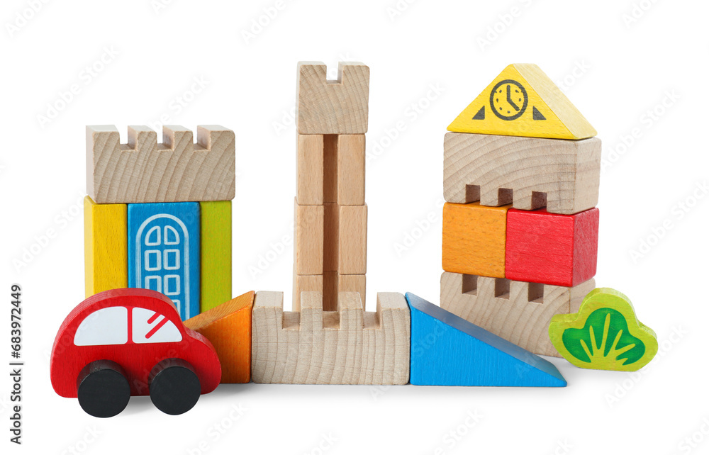 Poster Set of wooden toys isolated on white. Children's development