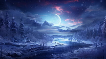 Magical Winter Night: Snowy Landscape Illuminated