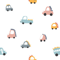 Cute Dino Cars Seamless Pattern, Childish Cartoon background, vector Illustration