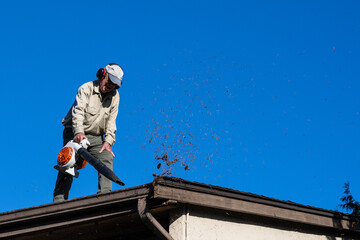 Fall pine needle debris flying in the air as a senior man on a rooftop is cleaning out gutters with...