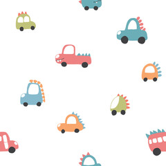 Cute Dino Cars Seamless Pattern, Childish Cartoon background, vector Illustration.