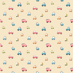 Cute Dino Cars Seamless Pattern, Childish Cartoon background, vector Illustration.