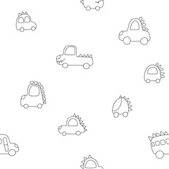 Cute Dino Cars Seamless Pattern, Childish Cartoon background, vector Illustration.