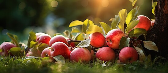 In the lush green garden, a tree decorated with vibrant red apples and leafy vegetables flourished, showcasing the abundance of healthy produce for the autumn season—a testament to the successful