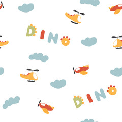 Cute Dino Airplanes and helicopters Seamless Pattern, Childish Cartoon background, vector Illustration