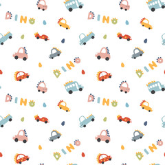 Cute Dino Cars Seamless Pattern, Childish Cartoon background, vector Illustration.