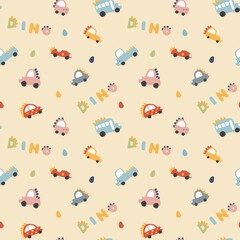 Cute Dino Cars Seamless Pattern, Childish Cartoon background, vector Illustration.