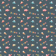 Cute Dino Cars Seamless Pattern, Childish Cartoon background, vector Illustration.