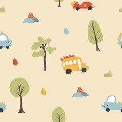 Cute Dino Cars Seamless Pattern, Childish Cartoon background, vector Illustration