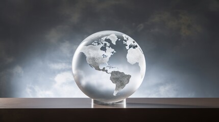  a glass globe sitting on a table in front of a dark sky with a few clouds in front of it.