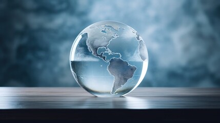  a glass globe on a wooden table in front of a blurry background of a blue sky and some clouds.