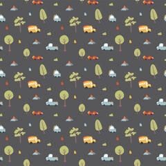 Cute Dino Cars Seamless Pattern, Childish Cartoon background, vector Illustration