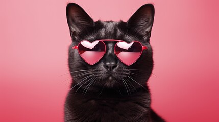Portrait of a black cat wearing heart shaped sunglasses on pink background