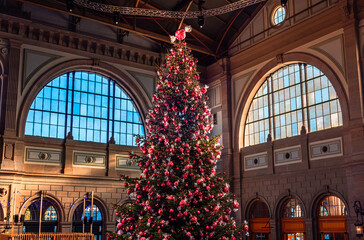 Christmas market - Christmas tree at the railway station Zurich, Switzerland