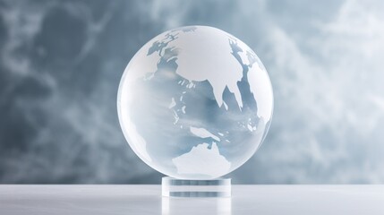  a glass globe on a stand in front of a gray and white background with a blurry sky in the background.