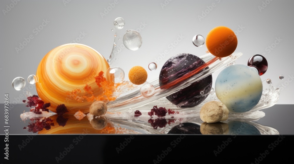 Aufkleber a group of different colored objects floating on top of a black surface with drops of water on top o