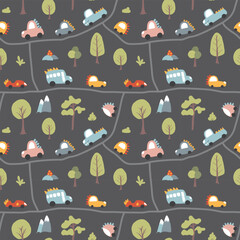 Cute Dino Cars Seamless Pattern, Childish Cartoon background, vector Illustration