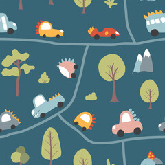 Cute Dino Cars Seamless Pattern, Childish Cartoon background, vector Illustration