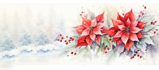 An illustration of poinsettias on a snowy background