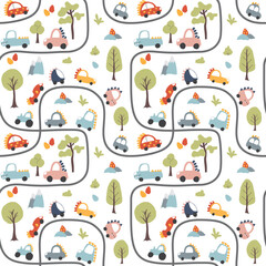 Fototapeta premium Cute Dino Cars Seamless Pattern, Childish Cartoon background, vector Illustration
