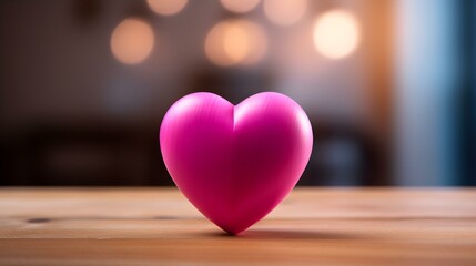 Close up of a hot pink Heart on a wooden Table. Blurred Background