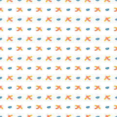 Cute Airplanes and clouds Seamless Pattern, Childish Cartoon background, vector Illustration.