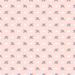 Cute Airplanes and clouds Seamless Pattern, Childish Cartoon background, vector Illustration.