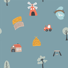 Cute village, farm landscape Seamless Pattern, Cartoon country background, vector Illustration